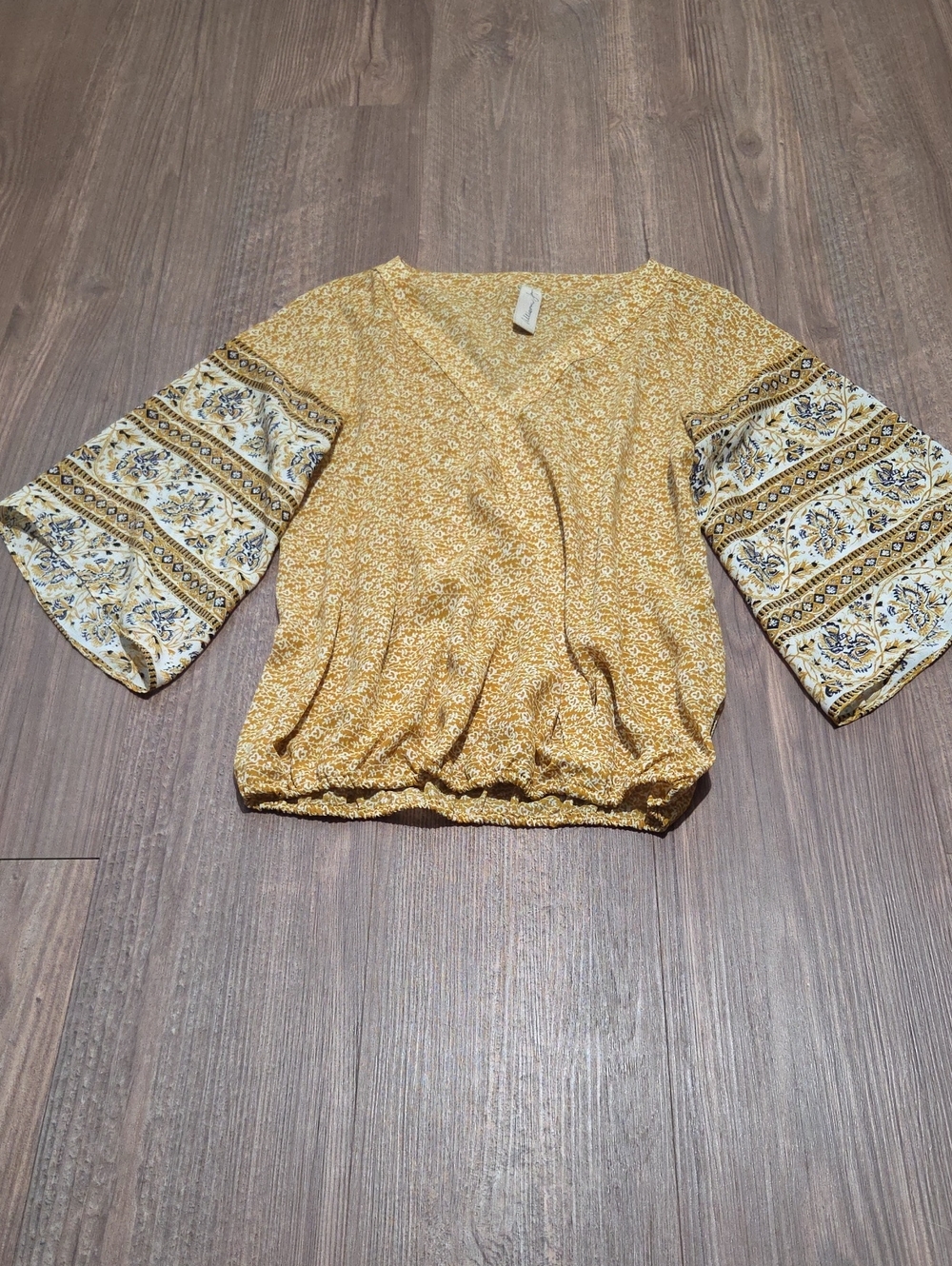 Allison Joy Yellow Floral Bell Sleeve Smocked Hem Blouse
